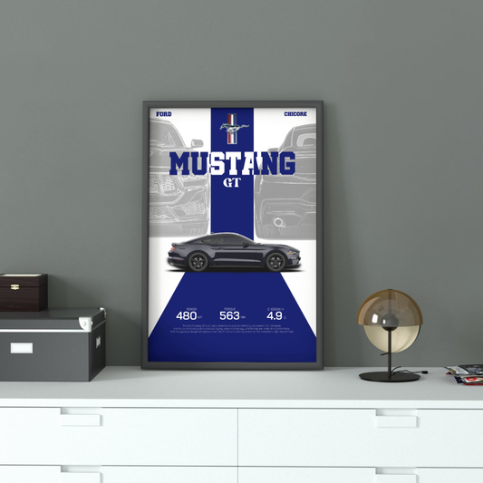 Framed Ford Mustang GT Wall Art displayed in a modern room setting, showcasing the iconic muscle car design and specs. Perfect decor for automotive fans.