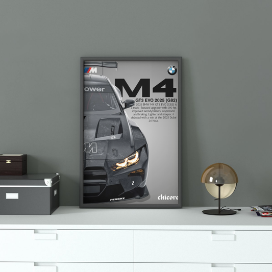 BMW M4 GT3 Evo 2025 Wall Art framed print displayed on a modern cabinet, showcasing racing-inspired decor for motorsport enthusiasts.