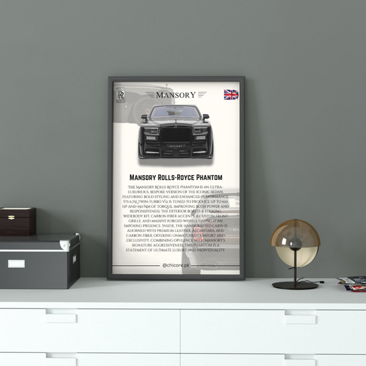 Framed Mansory Rolls-Royce Phantom Wall Art displayed on modern cabinet, showcasing luxury car print for premium home or office décor.