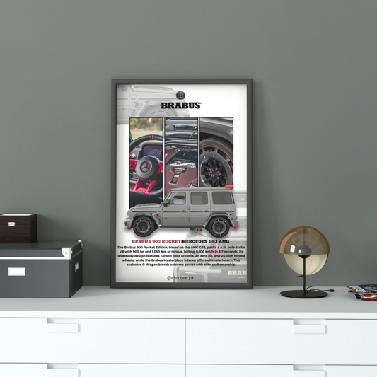 Brabus G63 900 Rocket Wall Frame | Wall Art displayed on a modern cabinet, showcasing premium automotive decor for luxury car enthusiasts’ interiors.