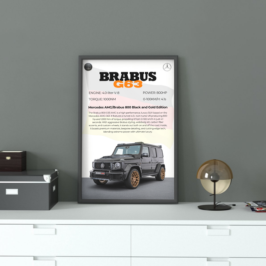 Brabus G63 800 Wall Frame | Wall Art displayed on a modern cabinet, showcasing luxury car artwork with black frame and premium decor appeal.