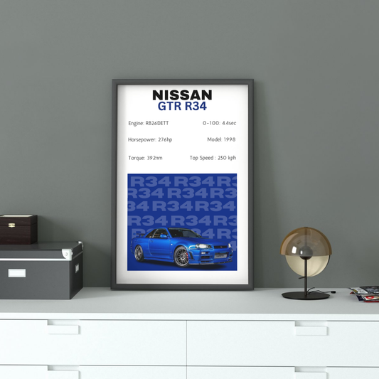 Framed Nissan Skyline R34 Wall Art displayed on modern dresser, showcasing iconic blue GT-R with detailed specs for home or garage decor.