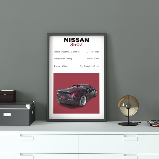 Framed Nissan 350Z Wall Art displayed on a modern cabinet, showcasing the car's specs and sleek design. Perfect automotive print for home or office decor.