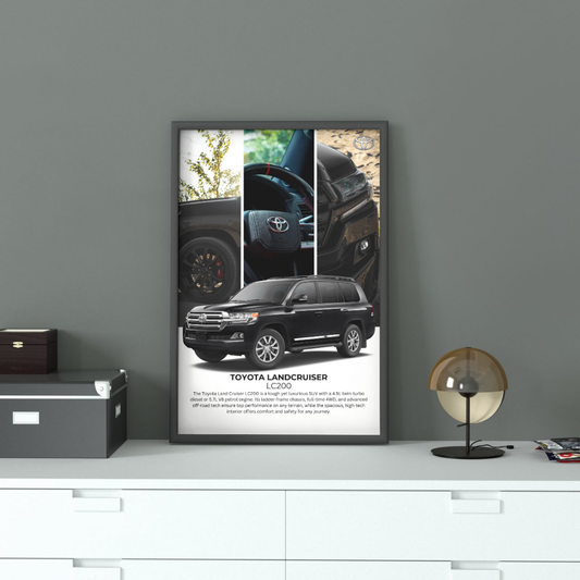 Framed Toyota Land Cruiser LC200 Wall Art displayed in a modern home setting, perfect for automotive-themed decor in living rooms or offices.