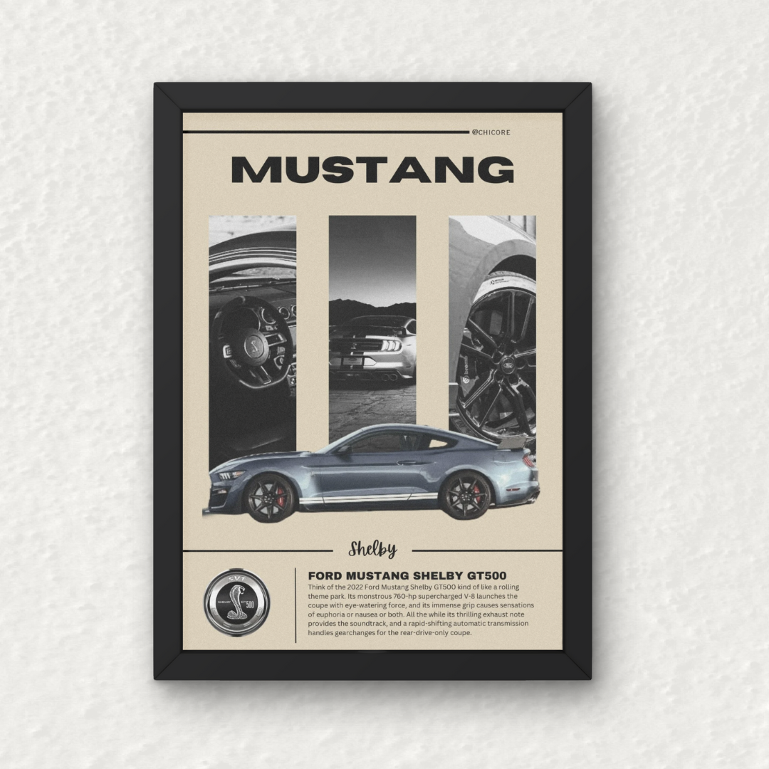 Mustang Shelby GT500 Wall Frame featuring ultra-HD artwork of the supercharged muscle car with detailed close-ups and bold typography.
