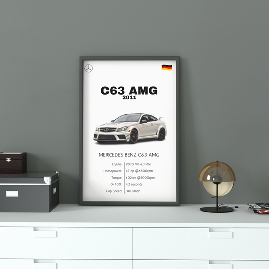 Framed Mercedes C63 AMG Wall Art displayed in a modern home setting, showcasing the V8-powered 2011 AMG with detailed specs for automotive-themed interiors.