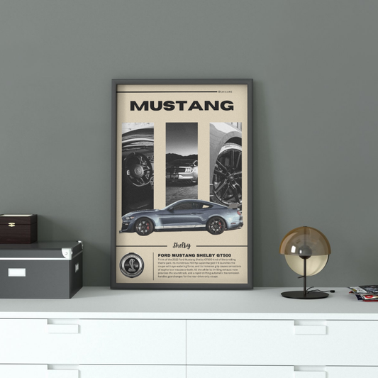 Framed Mustang Shelby GT500 Wall Art displayed in a modern interior, showcasing high-definition visuals of the iconic performance car.