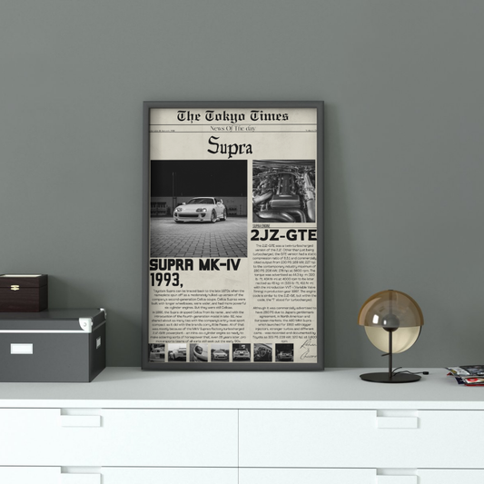 Toyota Supra MK4 Wall Art displayed in a modern room, showcasing framed print with classic Supra imagery and engine details. Perfect for automotive decor.