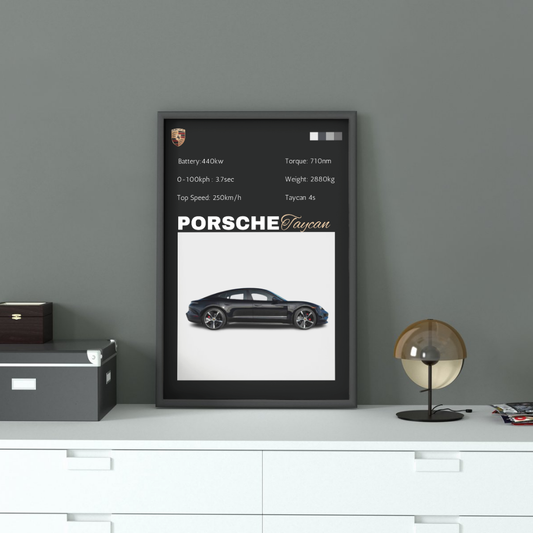 Framed Porsche Taycan Wall Art displayed in a stylish room, showcasing the electric car's design and specs for home or office decor.