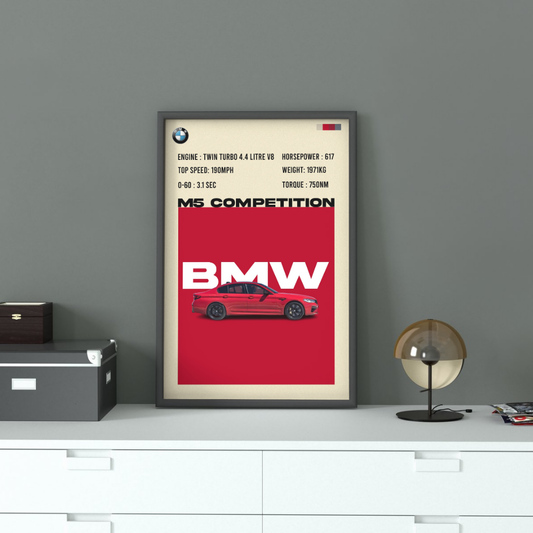BMW M5 Wall Frame | Wall Art displayed on a modern cabinet, showcasing the red BMW M5 with detailed specs. Perfect for car enthusiasts' interiors.