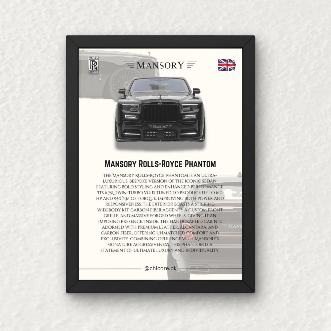Mansory Rolls-Royce Phantom Wall Frame featuring ultra-HD render of luxury car with bold front view, ideal for automotive-themed wall art décor.