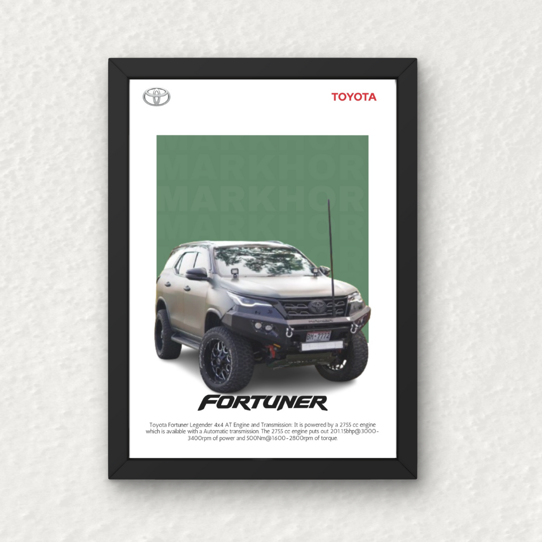 Toyota Fortuner Legender Wall Frame featuring a rugged SUV print with bold off-road styling, ideal for automotive-themed home or office decor.