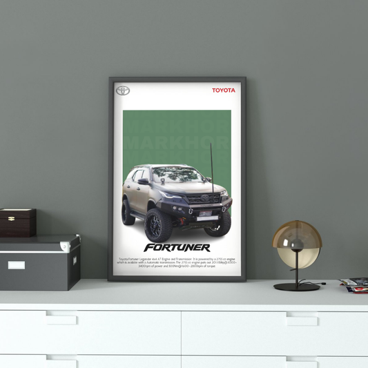 Toyota Fortuner Legender Wall Art displayed on a modern cabinet, showcasing a high-resolution SUV print perfect for car enthusiasts' interiors.