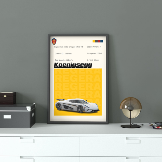 Framed Koenigsegg Jesko Wall Art displayed on a modern cabinet, showcasing hypercar specs and sleek design for home or office decor.