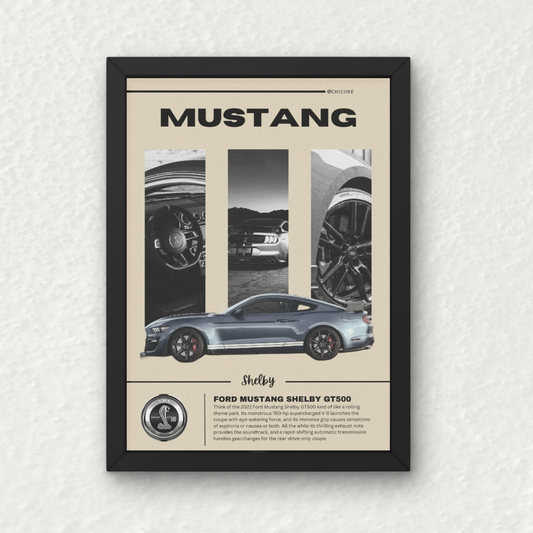 Mustang Shelby GT500 Wall Frame featuring ultra-HD artwork of the supercharged muscle car with detailed close-ups and bold typography.