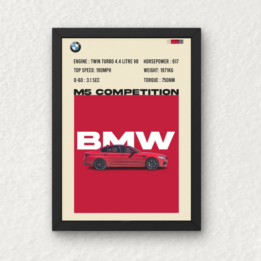 BMW M5 Wall Frame | Wall Art featuring a red BMW M5 with performance specs on a bold red background. Ideal for automotive-themed home decor.