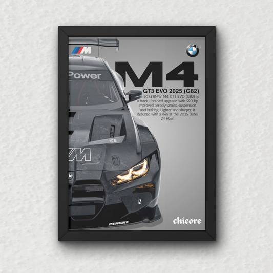BMW M4 GT3 Evo Wall Frame featuring the 2025 GT3 race car in ultra-HD detail with aggressive front fascia and motorsport styling.