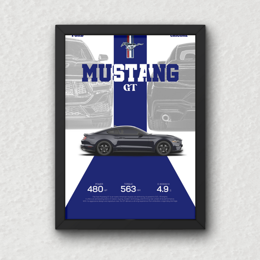 Ford Mustang GT Wall Frame featuring a side profile of the black Mustang GT with performance specs on a bold blue and white background. Ideal wall art for car enthusiasts.
