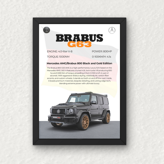 Brabus G63 800 Wall Frame | Wall Art print featuring ultra-HD details of the Brabus G63 SUV with bold typography and performance specs.