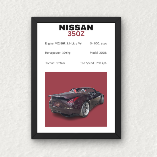 Nissan 350Z Wall Frame | Wall Art featuring a detailed rear view of a red Nissan 350Z on a maroon background with performance specs. Ideal for car enthusiasts' decor.