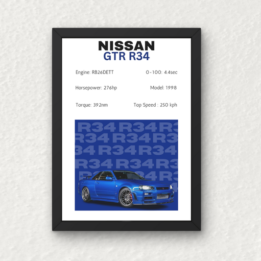 Nissan Skyline R34 Wall Frame featuring blue GT-R with performance specs in bold text, ideal for JDM car enthusiasts' wall art decor.
