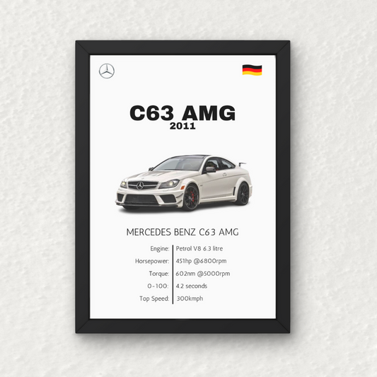 Mercedes C63 AMG Wall Frame | Wall Art featuring a high-resolution image of the 2011 C63 AMG with performance specs on a white background. Ideal for car enthusiasts’ decor.