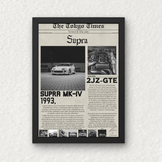 Toyota Supra MK4 Wall Frame featuring a vintage newspaper-style design with a white Supra and 2JZ-GTE engine specs. Ideal for JDM car enthusiasts.
