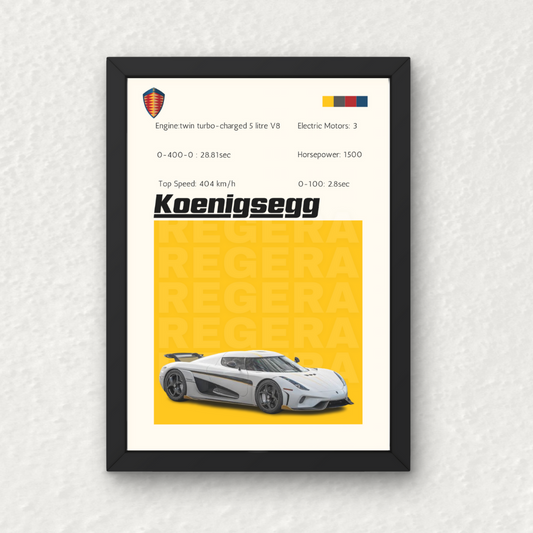 Koenigsegg Jesko Wall Frame | Wall Art featuring a white hypercar on a yellow background with performance specs, ideal for automotive-themed decor.