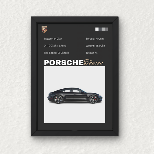 Porsche Taycan Wall Frame | Wall Art featuring a sleek black Taycan with performance specs, ideal for modern automotive-themed decor.