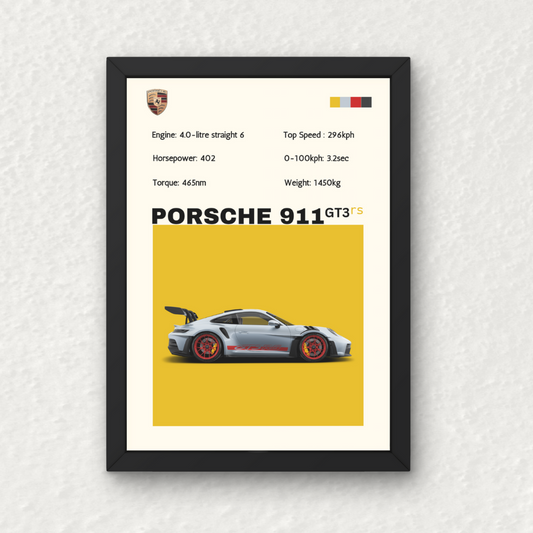 Porsche 911 GT3rs Wall Frame featuring a side profile of the sports car on a yellow background with performance specs, ideal for automotive-themed decor.