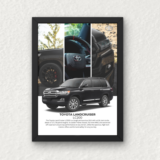 Toyota Land Cruiser LC200 Wall Frame featuring high-definition visuals of the SUV’s exterior, grille, wheels, and interior. Ideal wall art for car lovers.